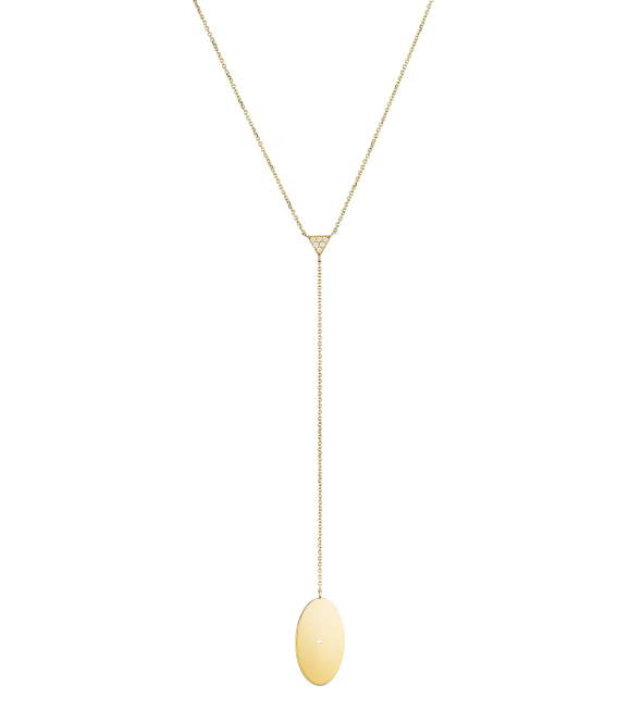 14K yellow gold "Mini Ellipse" necklace with a triangle of white brilliant cut Diamonds.