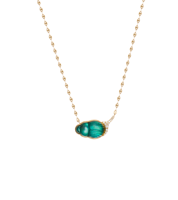 14K Yellow Gold "Small Giada" Necklace With A Small Green Chalcedony Scarab And White Brilliant Cut Diamonds