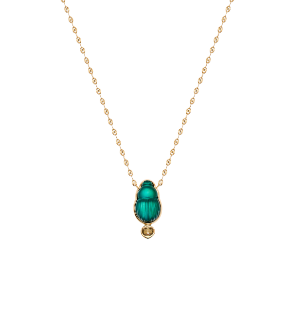 14K Yellow Gold "Small Giada" Necklace With A Small Green Chalcedony Scarab And A Brown Oval Cut Diamond