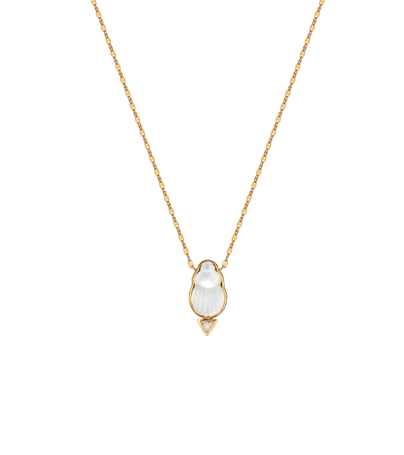 14K Yellow Gold "Chiara" Necklace With A Small Mother Of Pearl Scarab And A White Fancy Cut Diamond