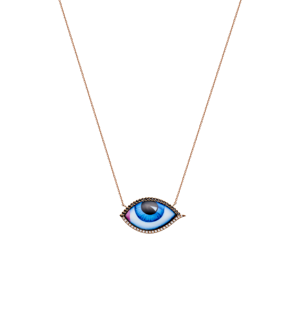 14K Pink Gold "Grand Bleu" Diamond Necklace With Big Blue Enameled Eye, White And Black Brilliant Cut Diamonds