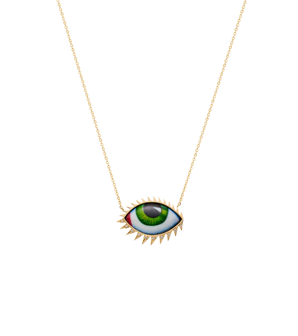 14K Yellow Gold "Apollo 13 Grand Vert" Diamond Necklace With Big Green Enameled Eye And White Brilliant Cut Diamonds