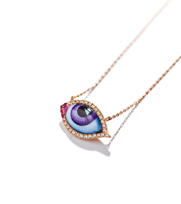 14K Pink Gold "Petit Mauve" Diamond Necklace With Small Purple Enameled Eye, Light Brown Brilliant Cut Diamonds And Rubies