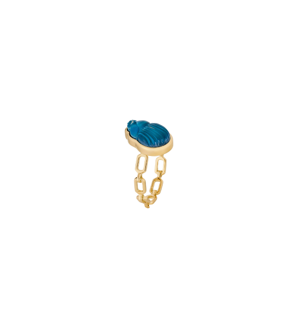14K Yellow Gold "Sienna" Chain Ring With A Small Blue Chalcedony Scarab