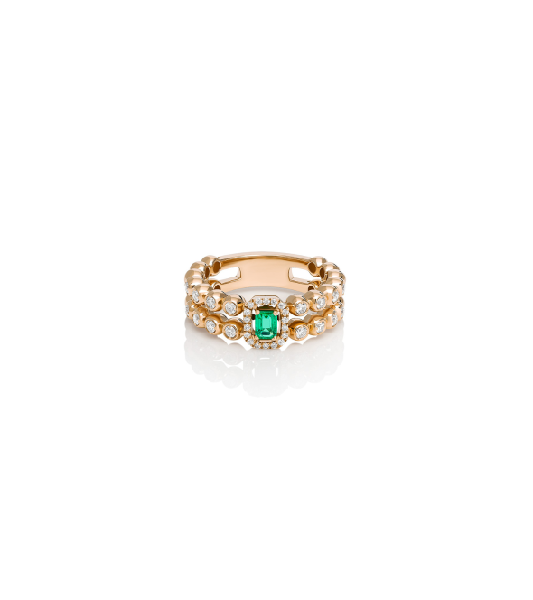 18K Rose Gold Ring with White Diamonds and a Natural Baguette Emerald Casato