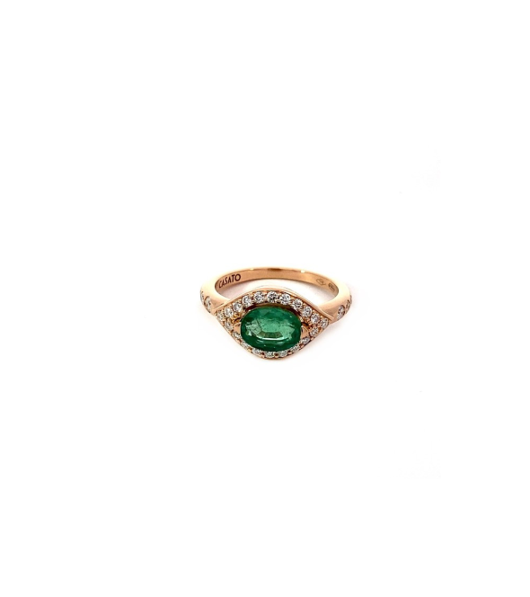 18K Rose Gold Ring with White Diamonds and a Natural Oval Emerald by Casato