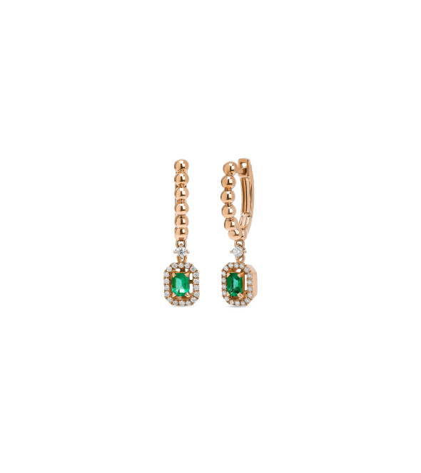 18K Rose Gold Earrings with Brilliant Diamonds and Baguette Natural Emeralds by Casato