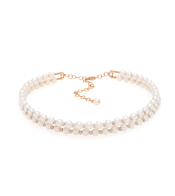 Choker Necklace 18K Pink Gold with Diamonds and Pearls