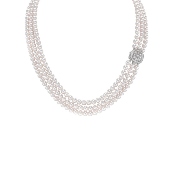 Triple White Gold Pearl Necklace with Diamonds by Mentis Collection
