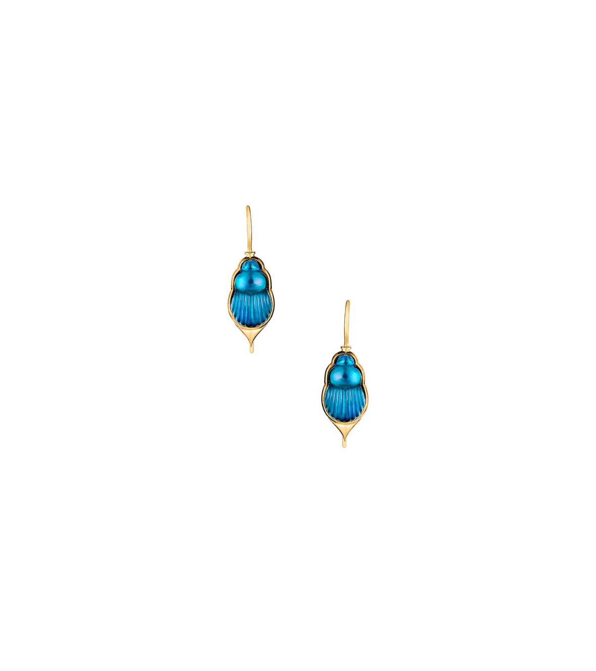14K Yellow Gold "Sienna" Pair Of Earrings With Small Blue Chalcedony Scarabs
