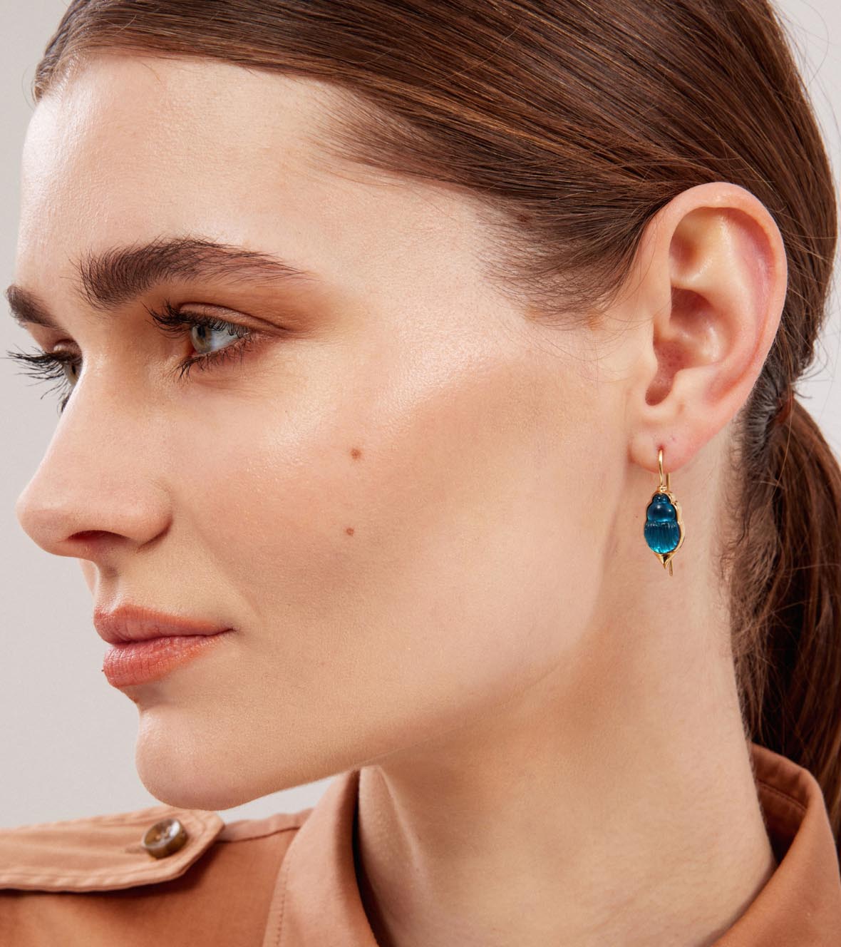 14K Yellow Gold "Sienna" Pair Of Earrings With Small Blue Chalcedony Scarabs