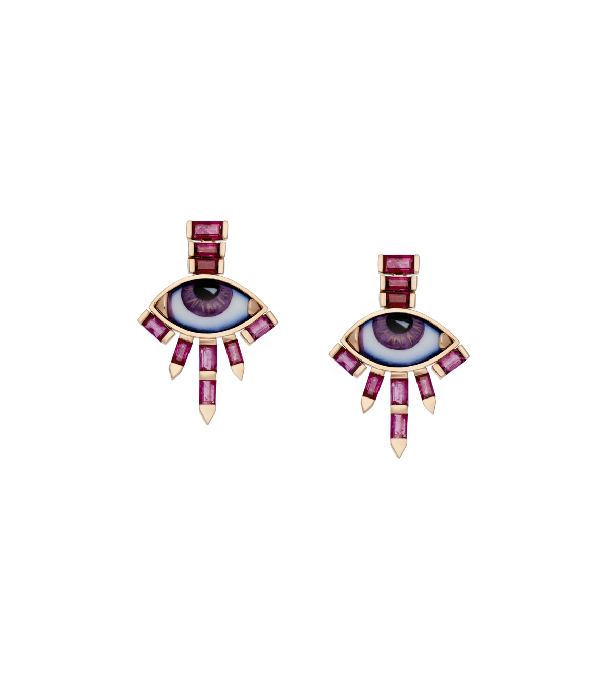 18K pink gold "Les flammes" pair of earrings with small violet enameled eyes and Rubies  baguette cut.