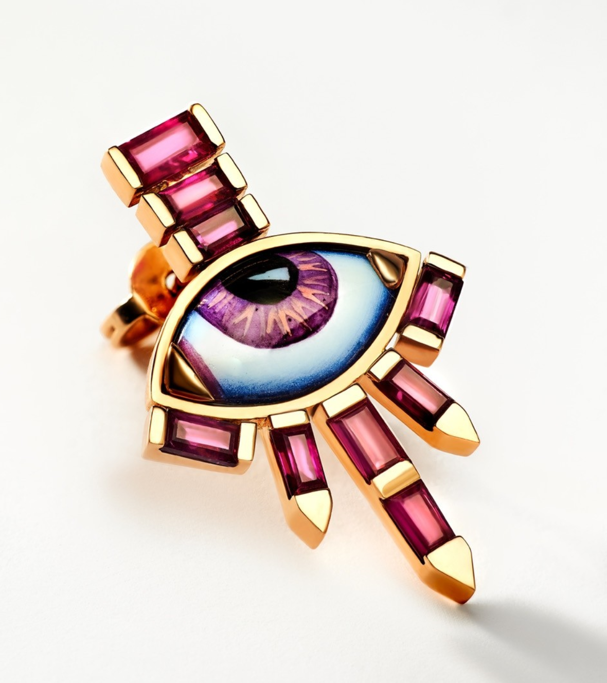 18K pink gold "Les flammes" pair of earrings with small violet enameled eyes and Rubies  baguette cut.