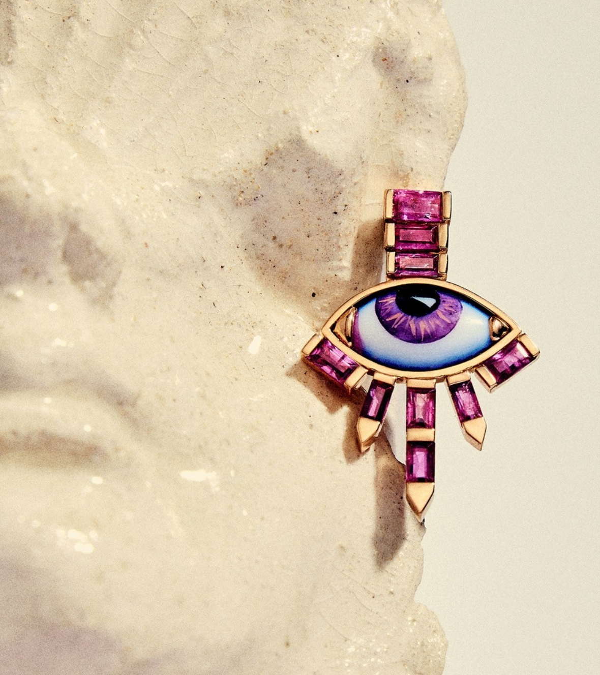 18K pink gold "Les flammes" pair of earrings with small violet enameled eyes and Rubies  baguette cut.