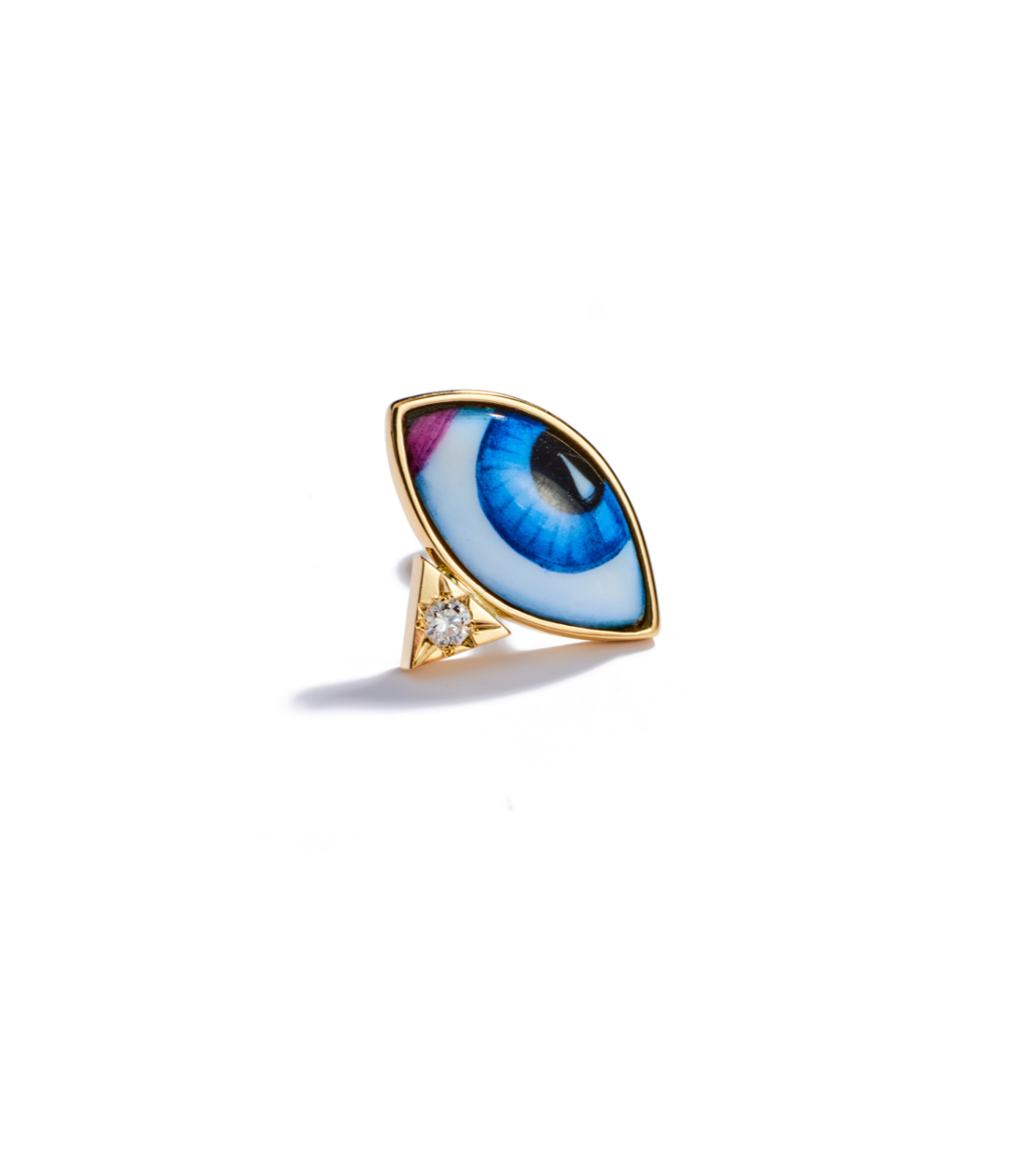 14K Yellow Gold "Petit Bleu" Single Earring With Small Blue Enameled Eye And A White Brilliant Cut Diamond