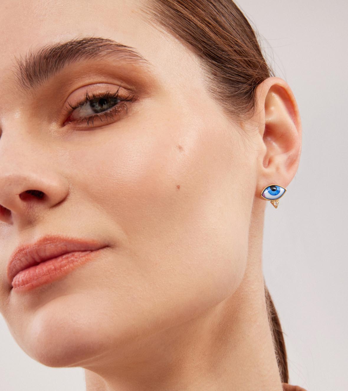 14K Yellow Gold "Petit Bleu" Single Earring With Small Blue Enameled Eye And A White Brilliant Cut Diamond