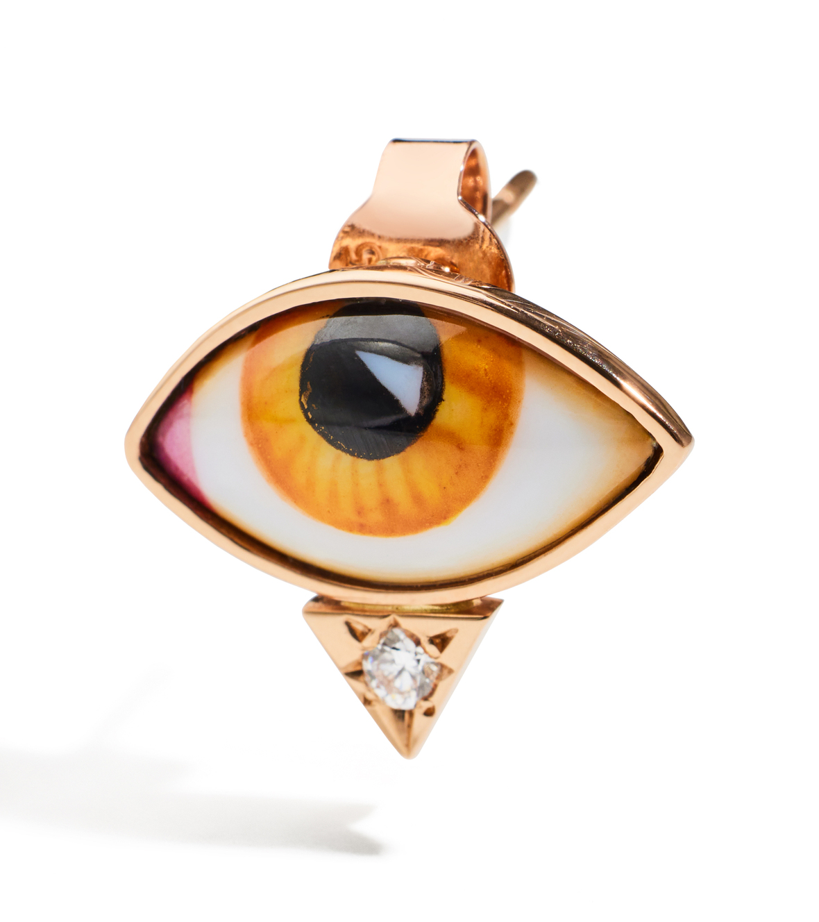14K Pink Gold "Petit Ambre" Single Earring With Small Amber Enameled Eye And White Brilliant Cut Diamonds