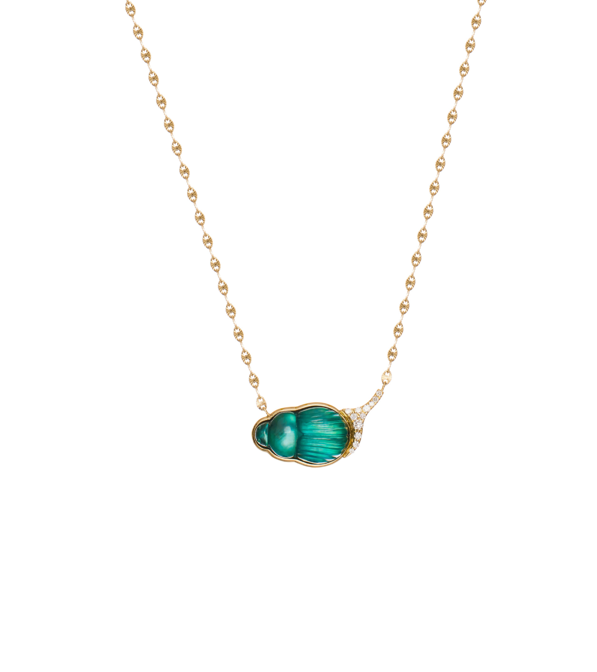 14K Yellow Gold "Small Giada" Necklace With A Small Green Chalcedony Scarab And White Brilliant Cut Diamonds