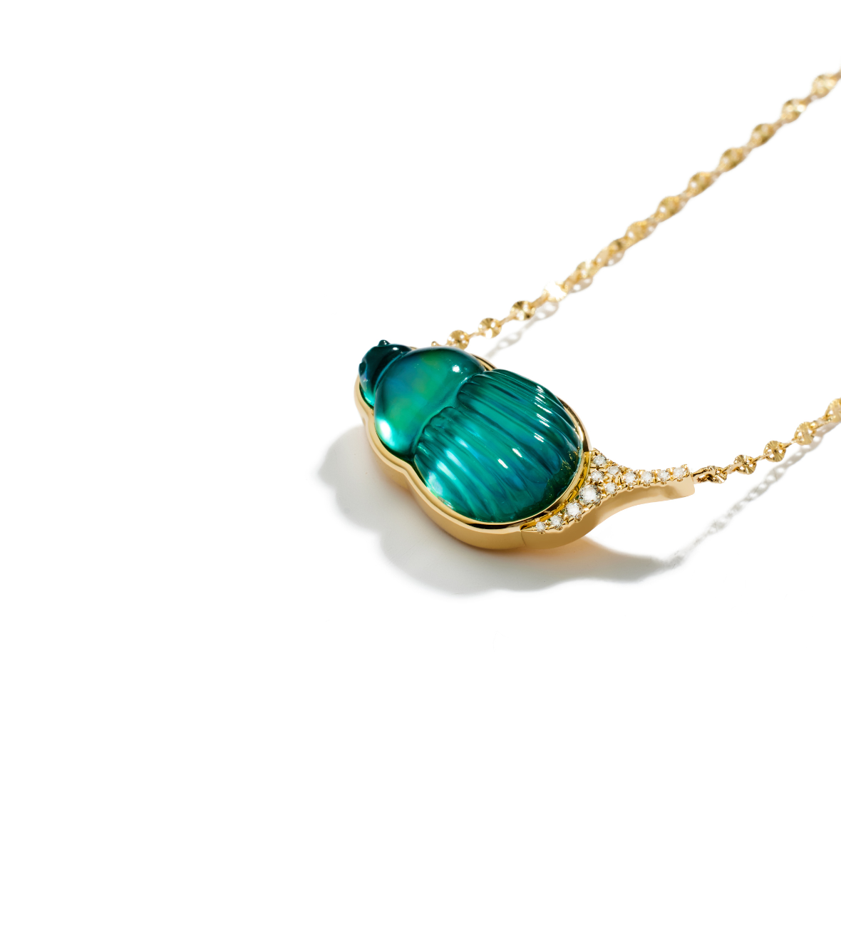 14K Yellow Gold "Small Giada" Necklace With A Small Green Chalcedony Scarab And White Brilliant Cut Diamonds