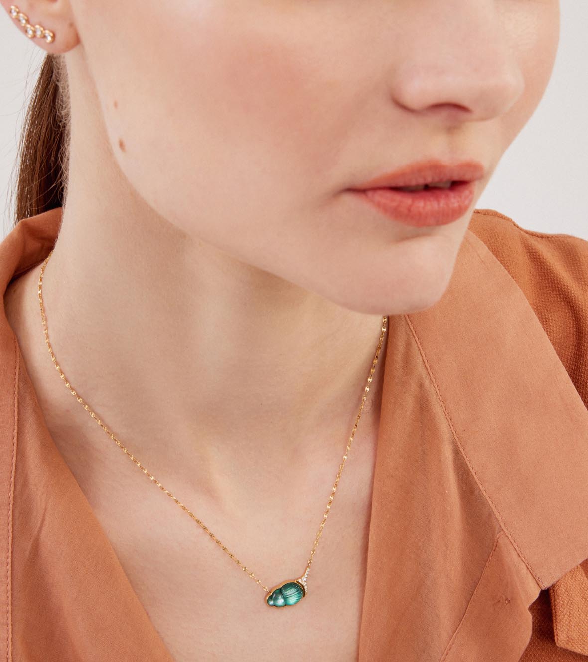 14K Yellow Gold "Small Giada" Necklace With A Small Green Chalcedony Scarab And White Brilliant Cut Diamonds