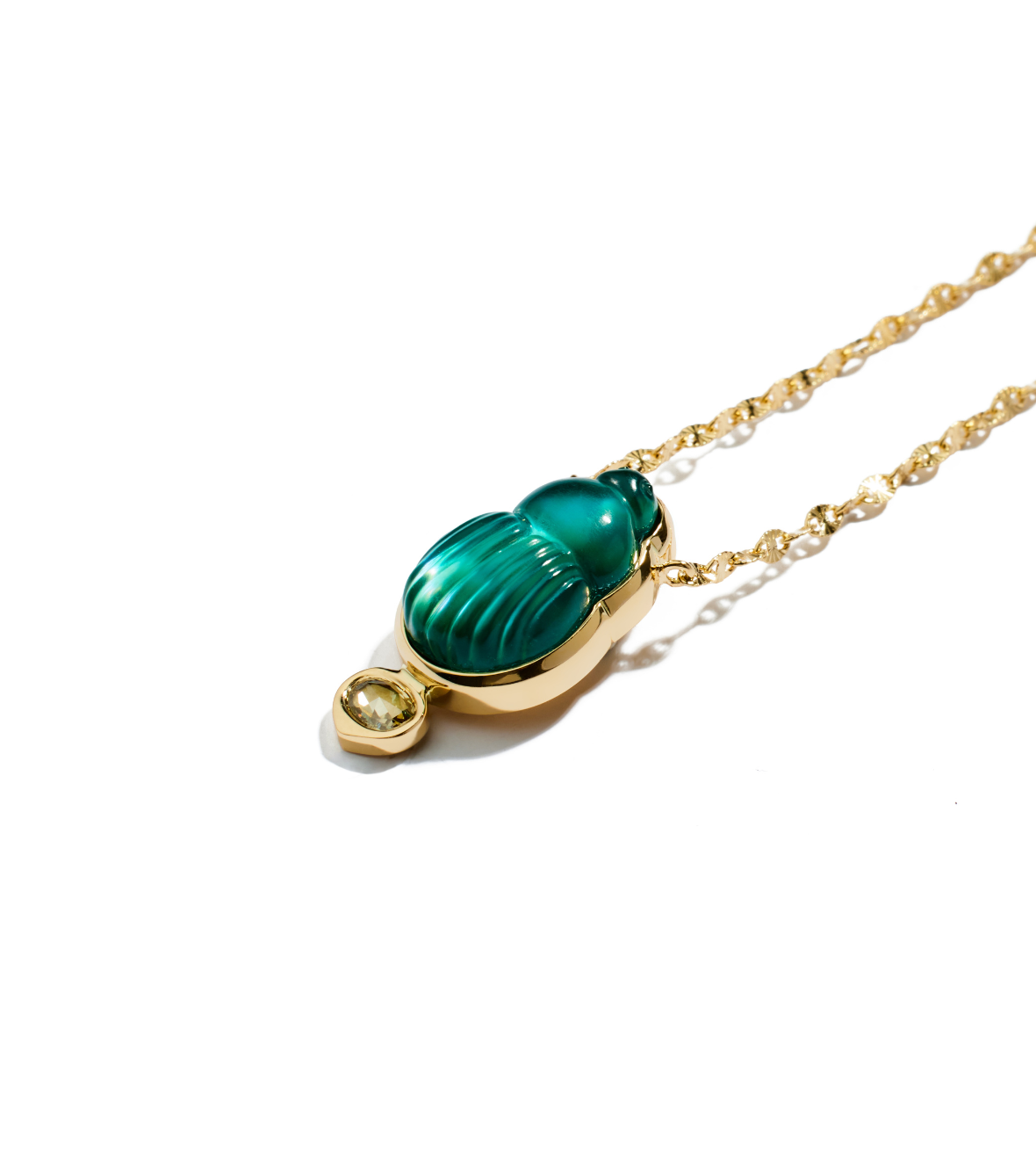 14K Yellow Gold "Small Giada" Necklace With A Small Green Chalcedony Scarab And A Brown Oval Cut Diamond