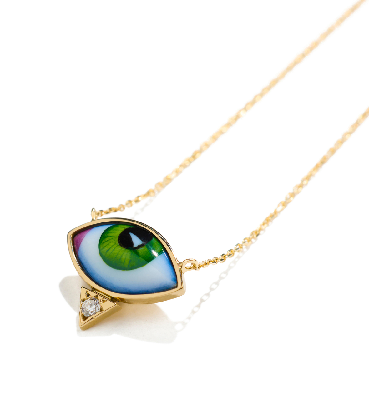 14K Yellow Gold "Petit Vert" Diamond Necklace With A Small Green Enameled Eye And A White Brilliant Cut Diamond