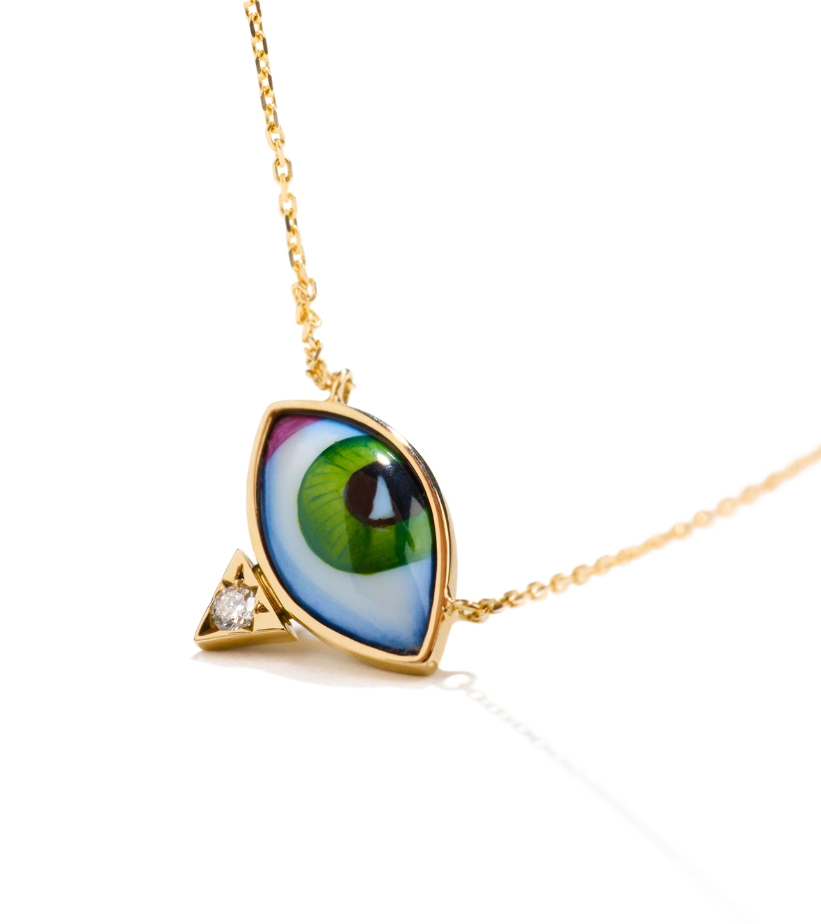 14K Yellow Gold "Petit Vert" Diamond Necklace With A Small Green Enameled Eye And A White Brilliant Cut Diamond