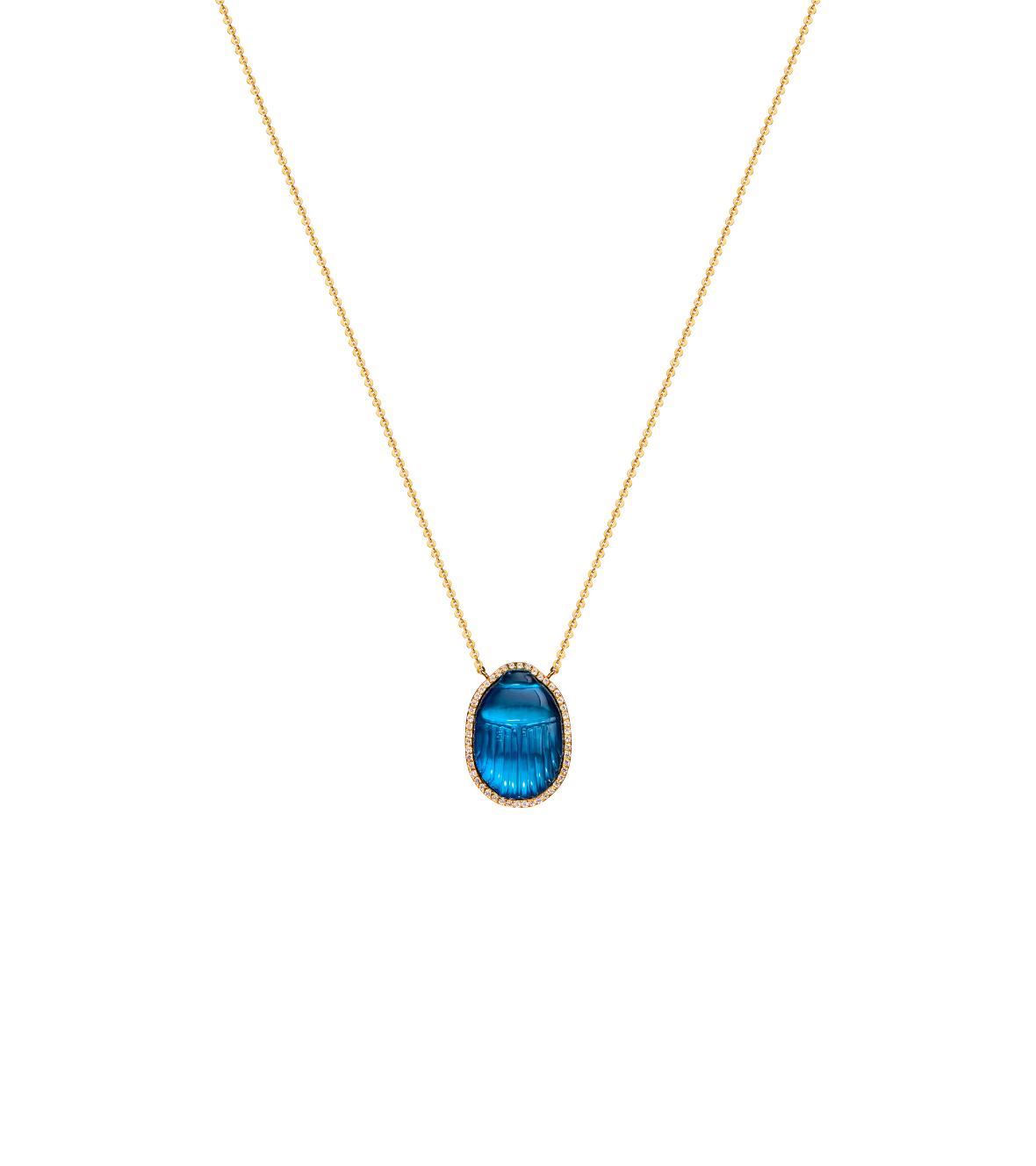 14K Yellow Gold "Small Luna" Necklace With A Small Blue Chalcedony Scarab And White Brilliant Cut Diamonds