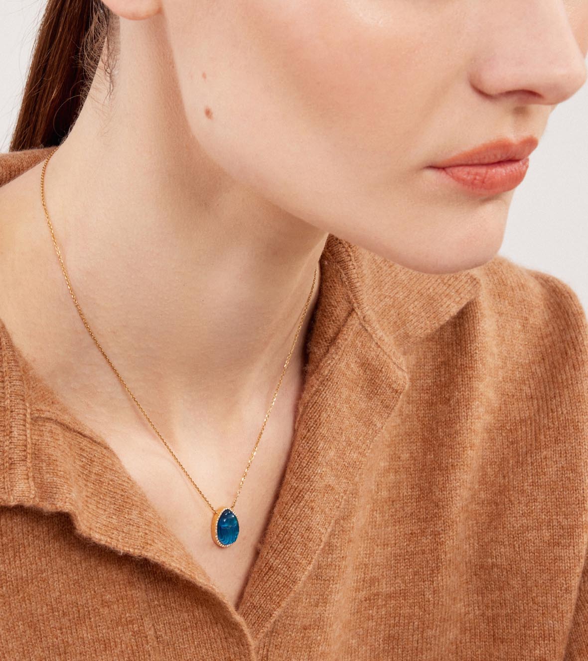 14K Yellow Gold "Small Luna" Necklace With A Small Blue Chalcedony Scarab And White Brilliant Cut Diamonds