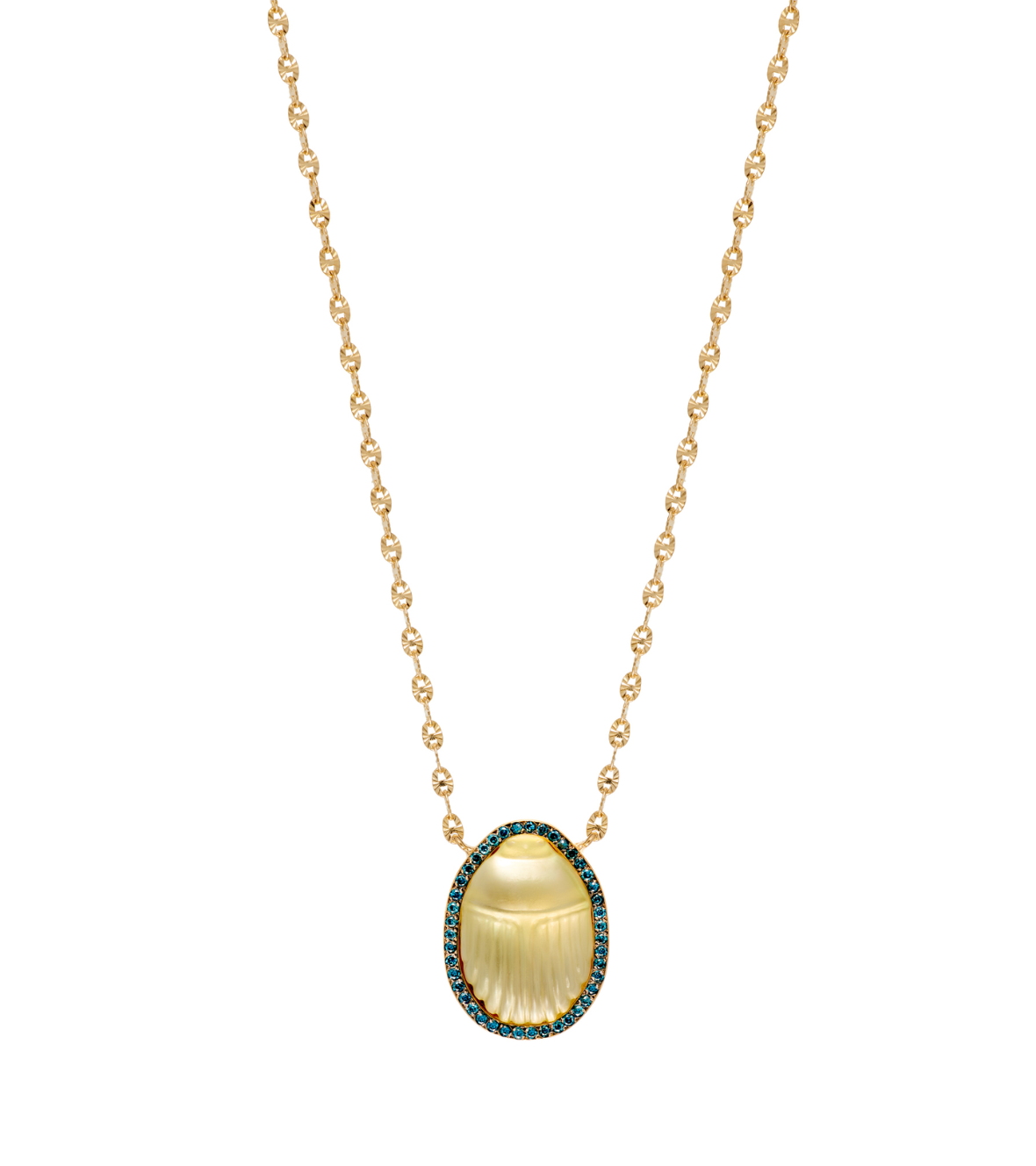 14K yellow gold "Luce" necklace with a small Lemon Quartz Scarab and blue brilliant cut Diamonds.