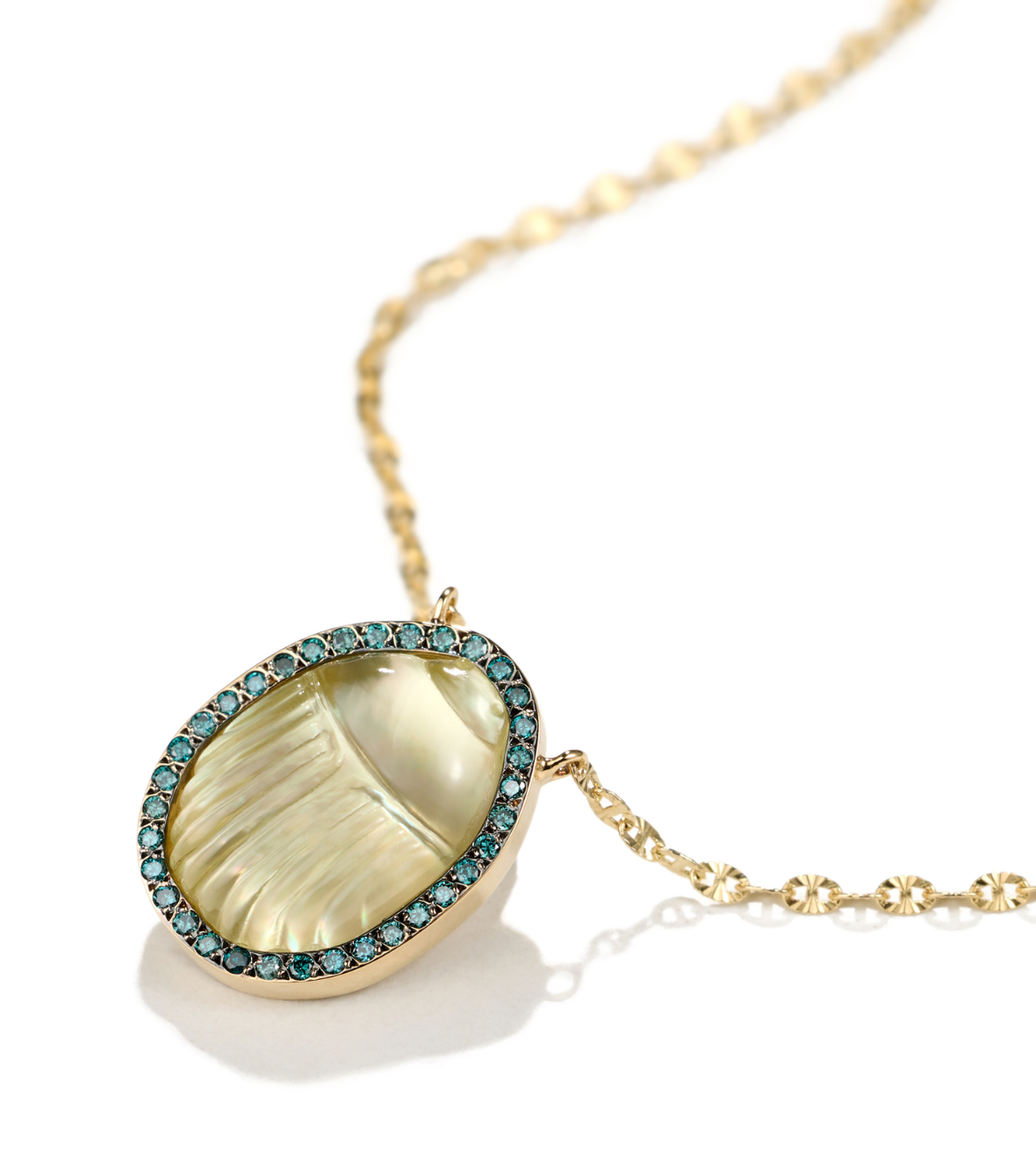 14K yellow gold "Luce" necklace with a small Lemon Quartz Scarab and blue brilliant cut Diamonds.
