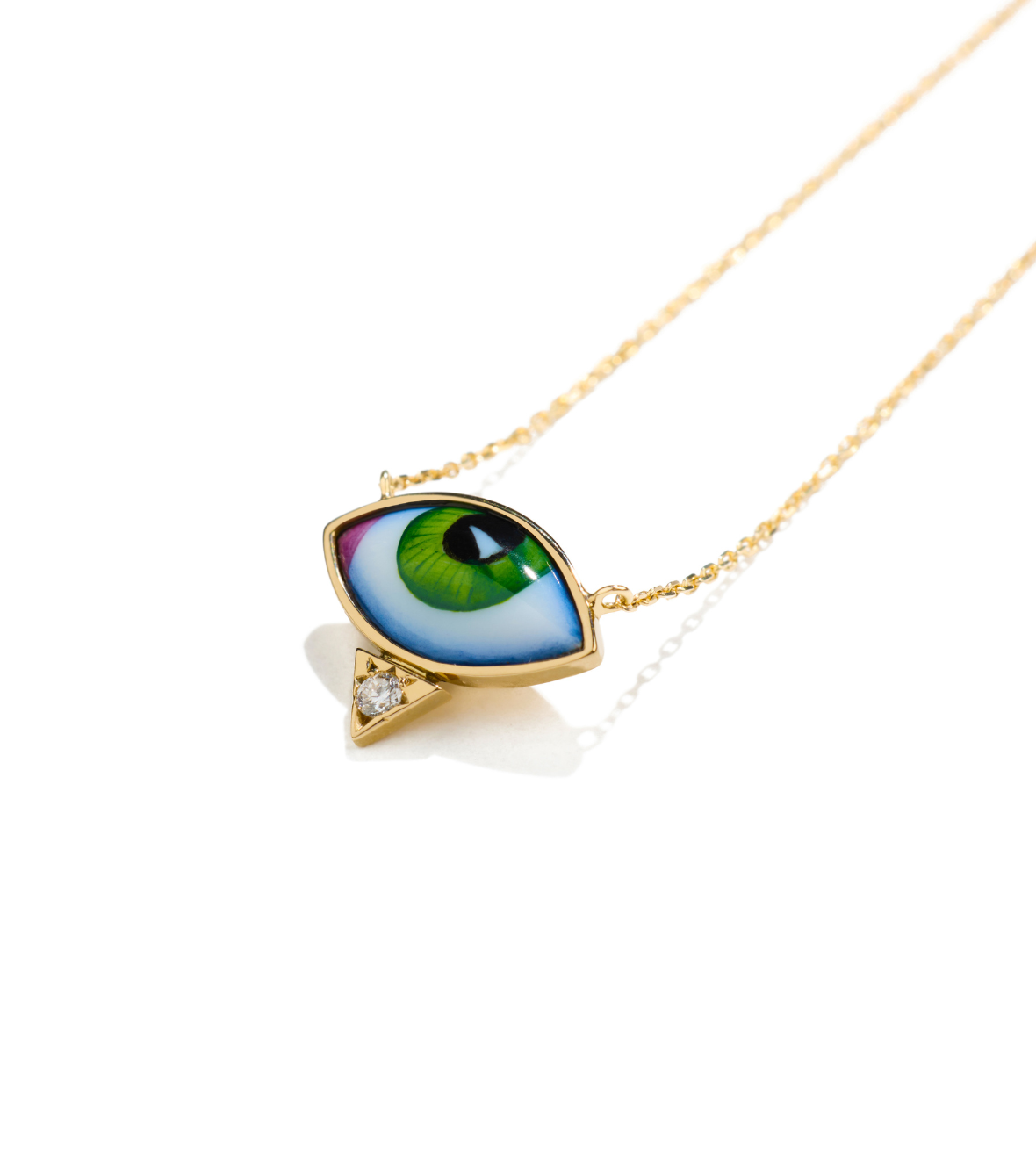14K Yellow Gold "Petit Vert" Diamond Necklace With A Small Green Enameled Eye And A White Brilliant Cut Diamond