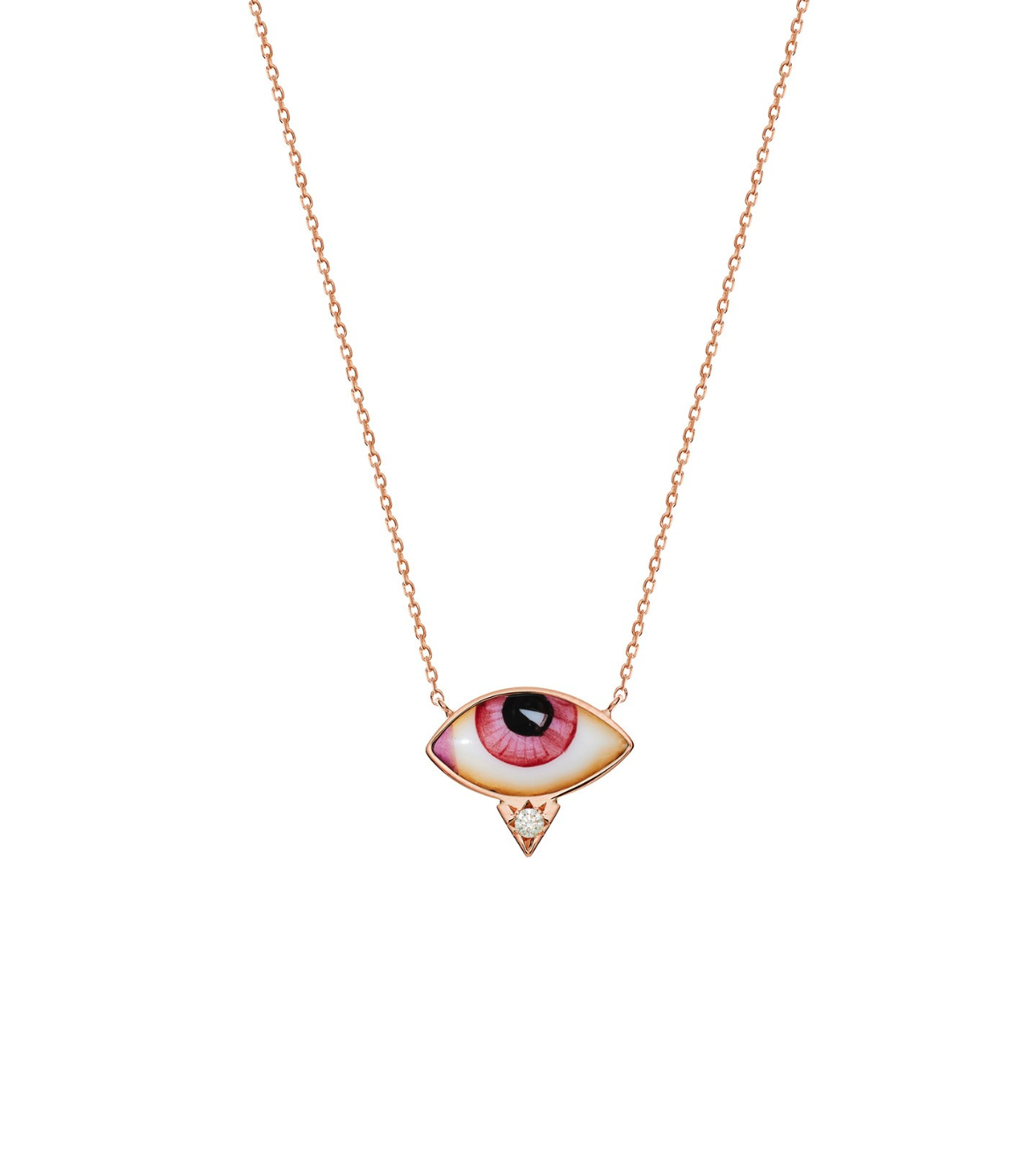 14K Pink Gold "Petit Rose" Diamond Necklace With A Small Pink Enameled Eye And A White Brilliant Cut Diamond