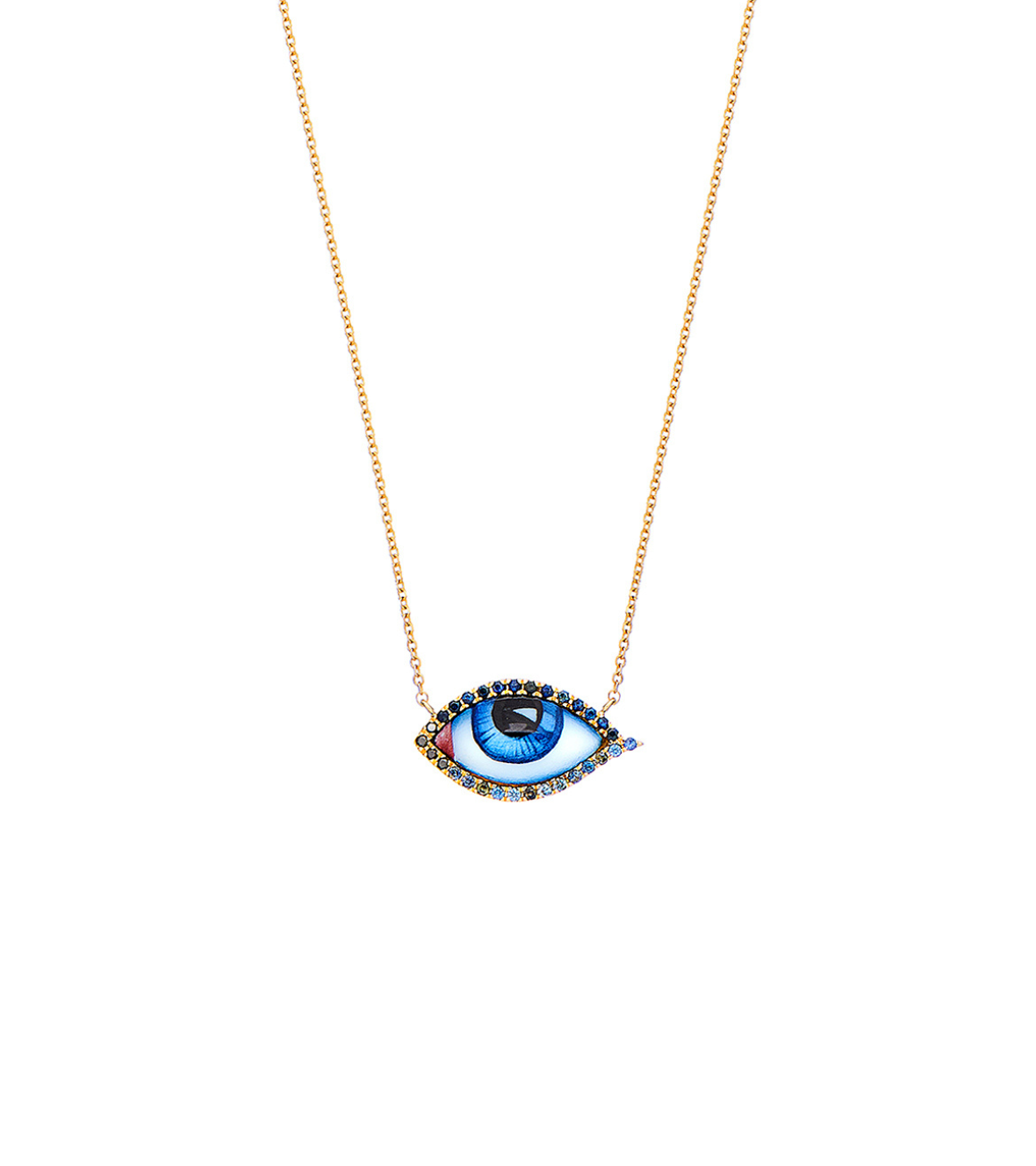 14K Yellow Gold "Petit Bleu" Diamond Necklace With Small Blue Enameled Eye, Black Brilliant Cut Diamonds, Light Blue And Very Light Blue Sapphires