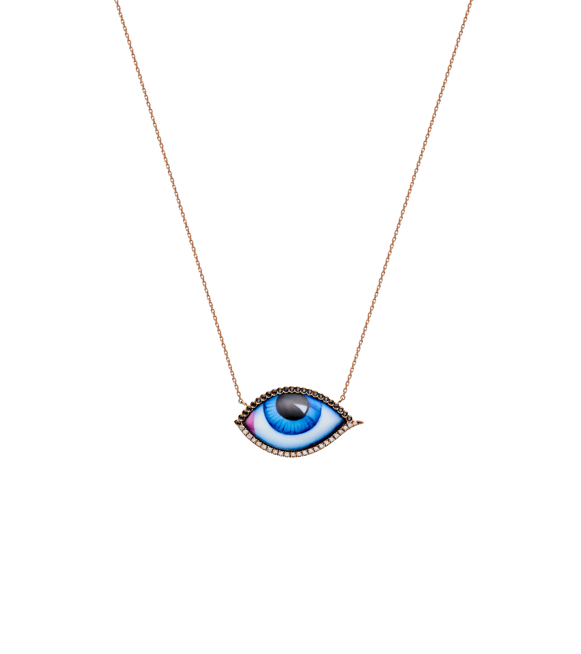 14K Pink Gold "Grand Bleu" Diamond Necklace With Big Blue Enameled Eye, White And Black Brilliant Cut Diamonds