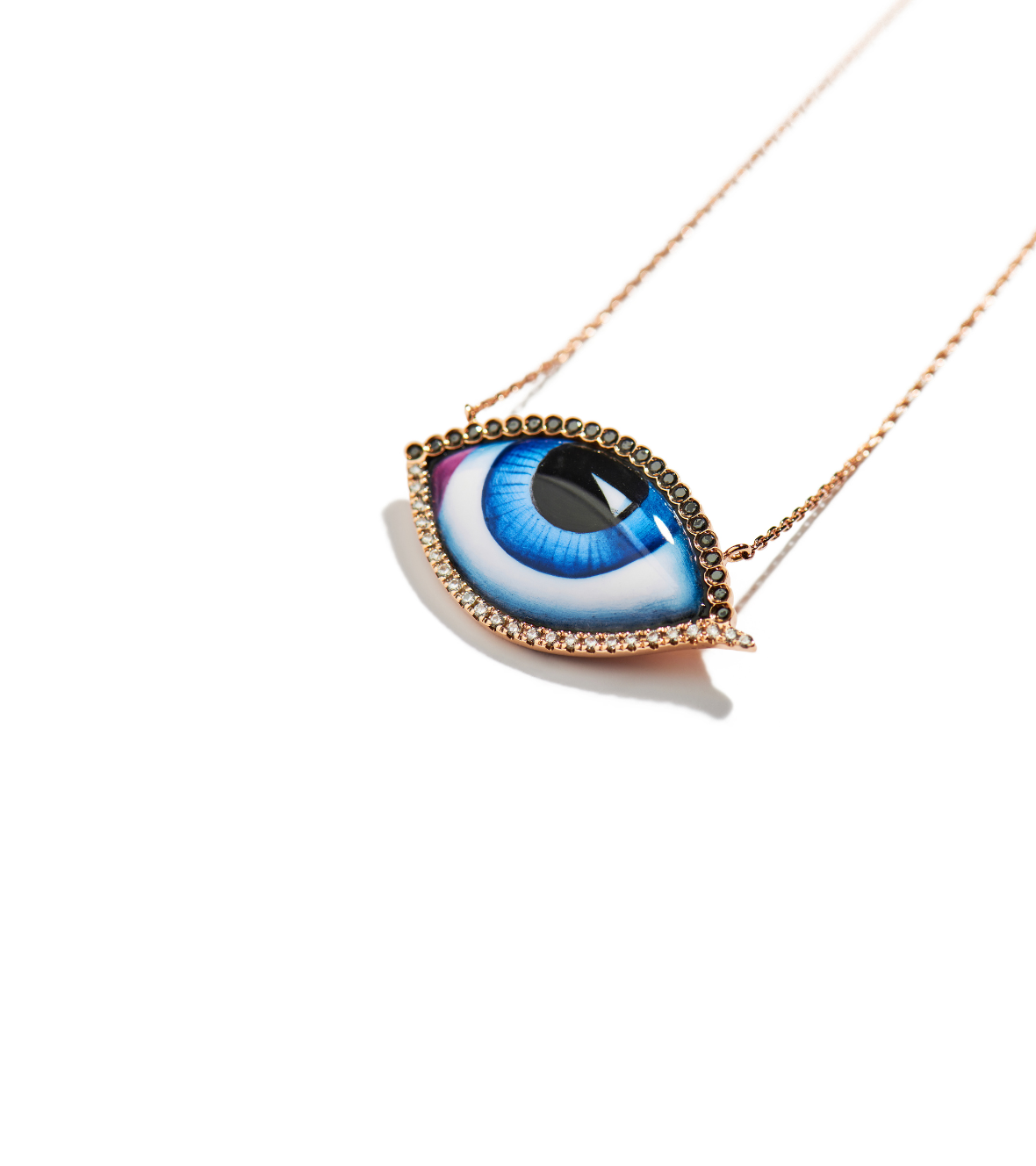 14K Pink Gold "Grand Bleu" Diamond Necklace With Big Blue Enameled Eye, White And Black Brilliant Cut Diamonds
