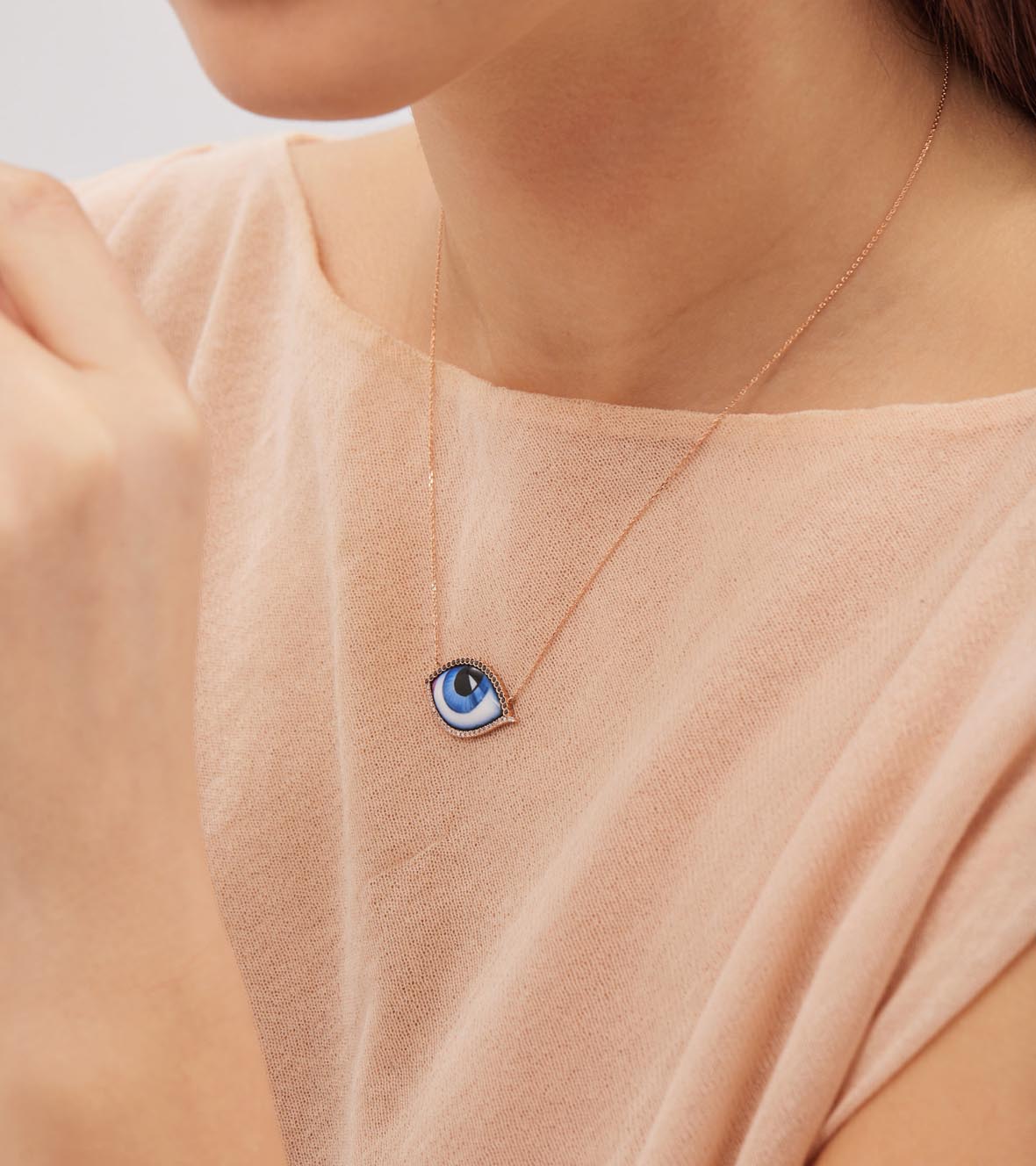 14K Pink Gold "Grand Bleu" Diamond Necklace With Big Blue Enameled Eye, White And Black Brilliant Cut Diamonds