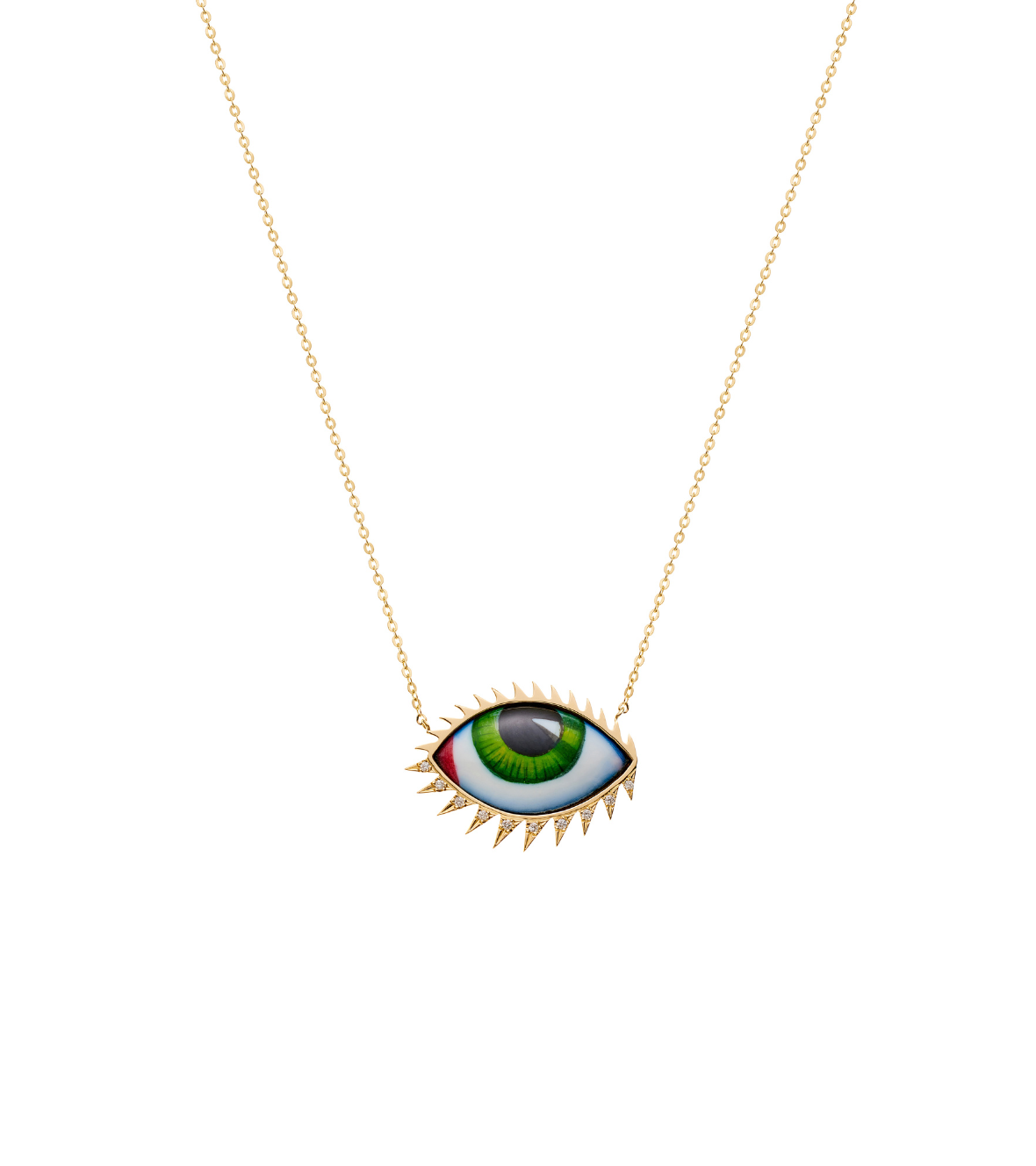 14K Yellow Gold "Apollo 13 Grand Vert" Diamond Necklace With Big Green Enameled Eye And White Brilliant Cut Diamonds