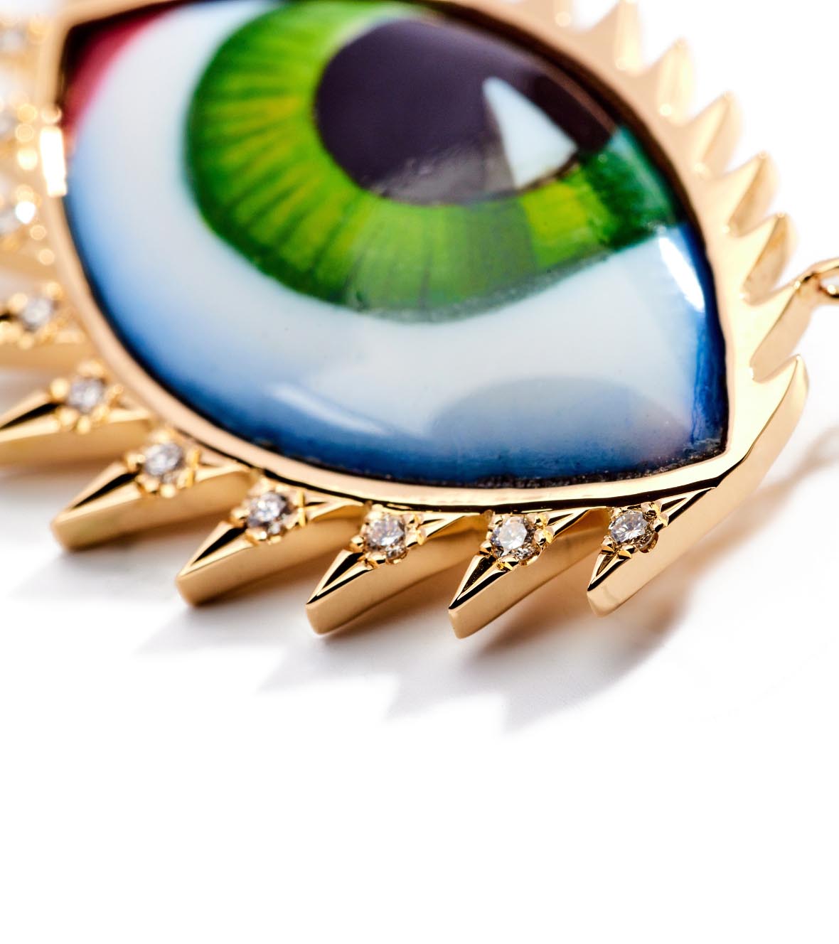 14K Yellow Gold "Apollo 13 Grand Vert" Diamond Necklace With Big Green Enameled Eye And White Brilliant Cut Diamonds