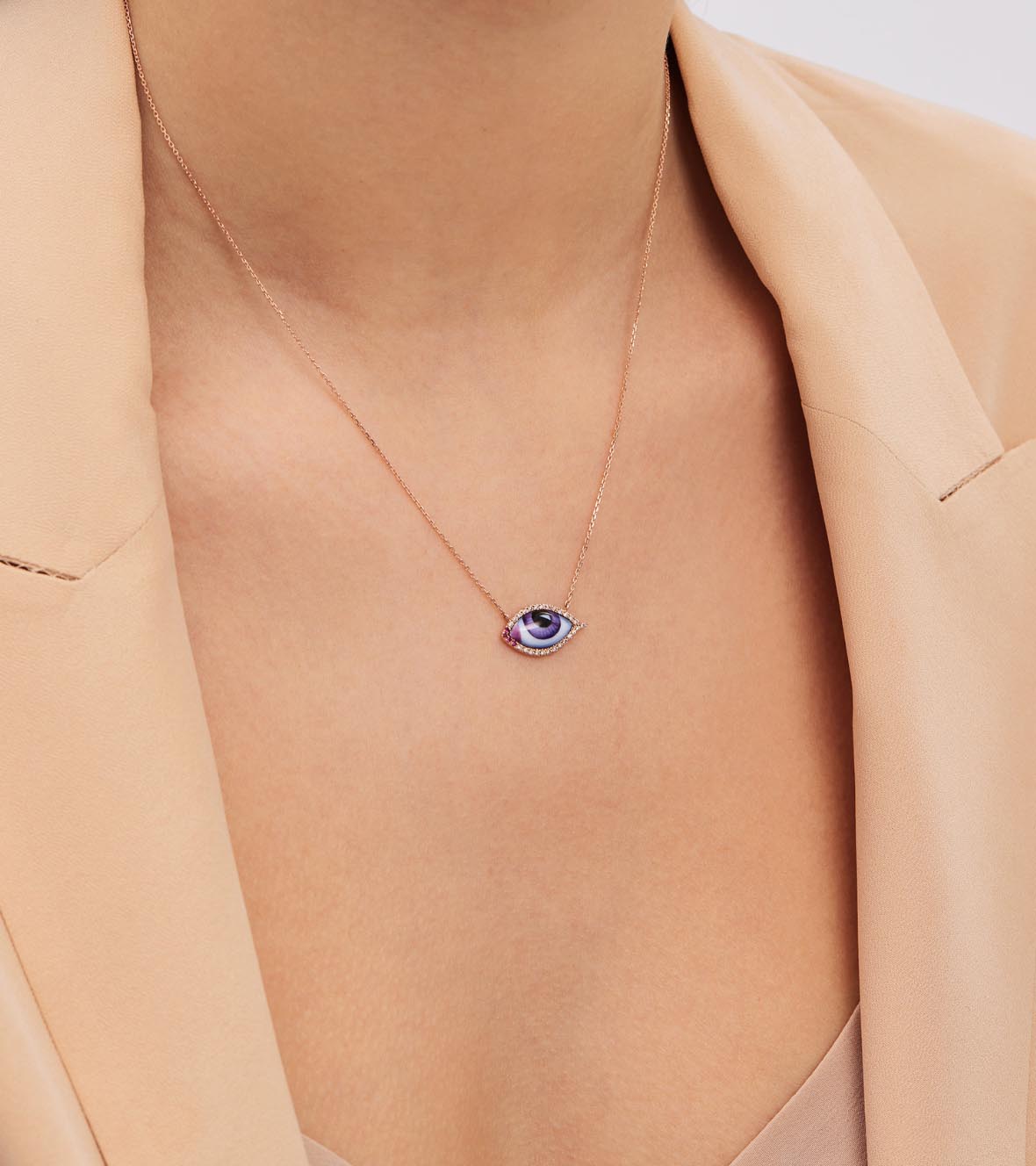 14K Pink Gold "Petit Mauve" Diamond Necklace With Small Purple Enameled Eye, Light Brown Brilliant Cut Diamonds And Rubies