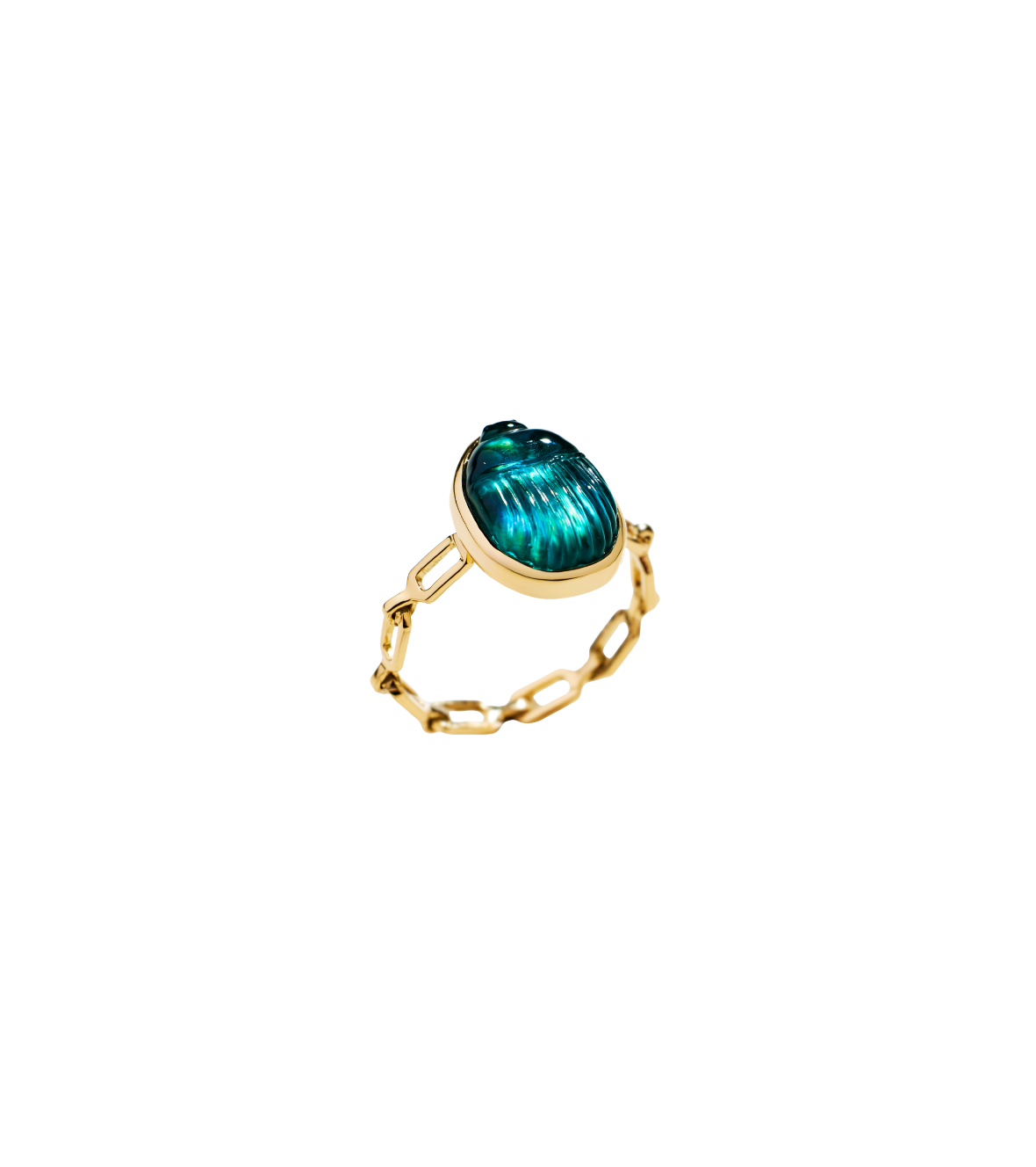 14K Yellow Gold "Gola" Chain Ring With A Small Green Chalcedony Scarab