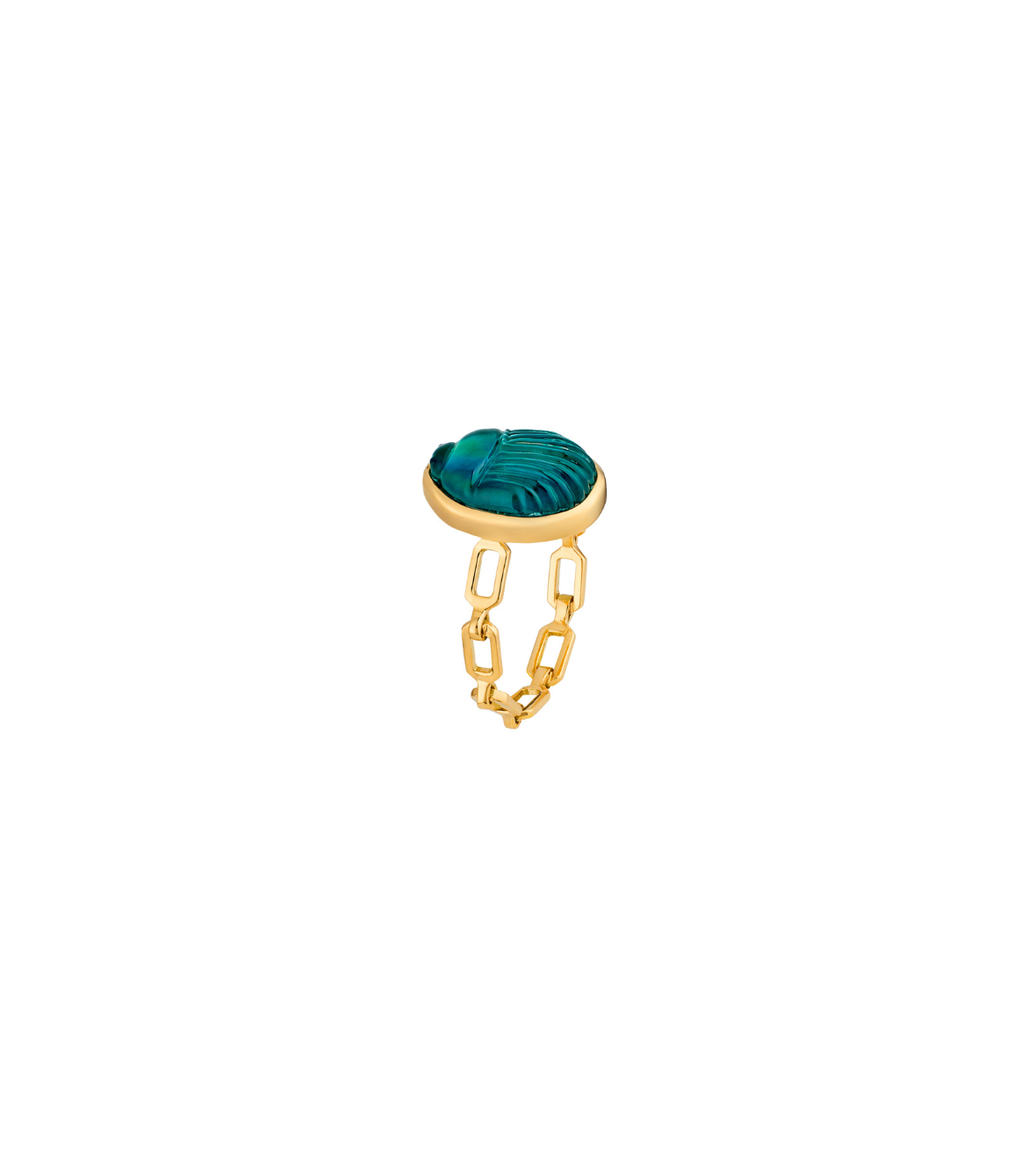 14K Yellow Gold "Gola" Chain Ring With A Small Green Chalcedony Scarab