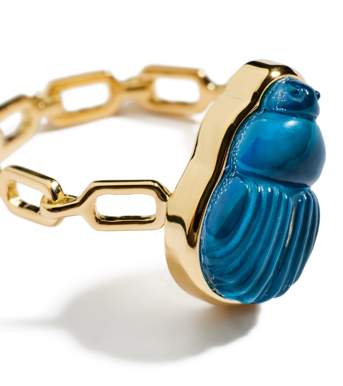14K Yellow Gold "Sienna" Chain Ring With A Small Blue Chalcedony Scarab