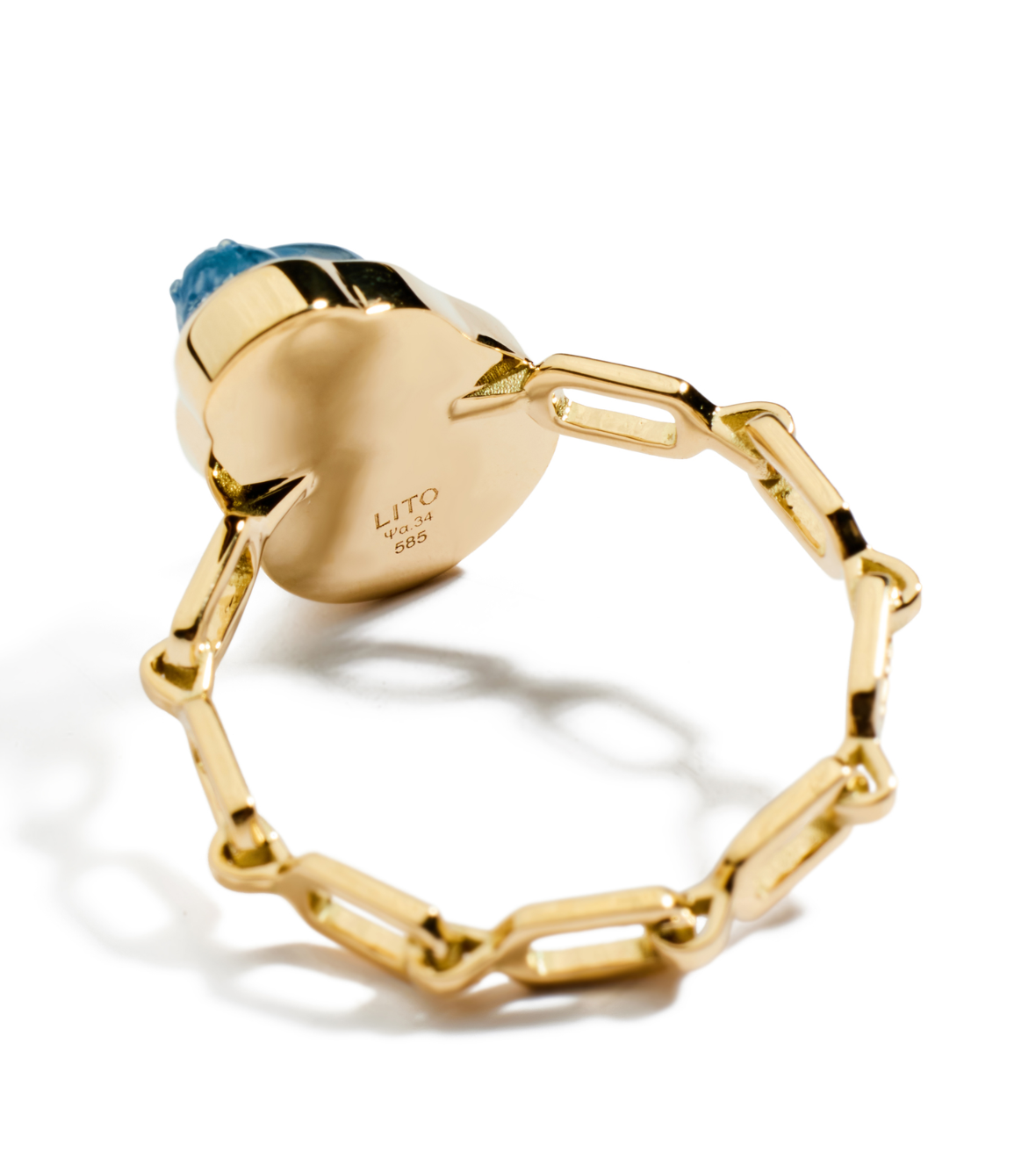 14K Yellow Gold "Sienna" Chain Ring With A Small Blue Chalcedony Scarab