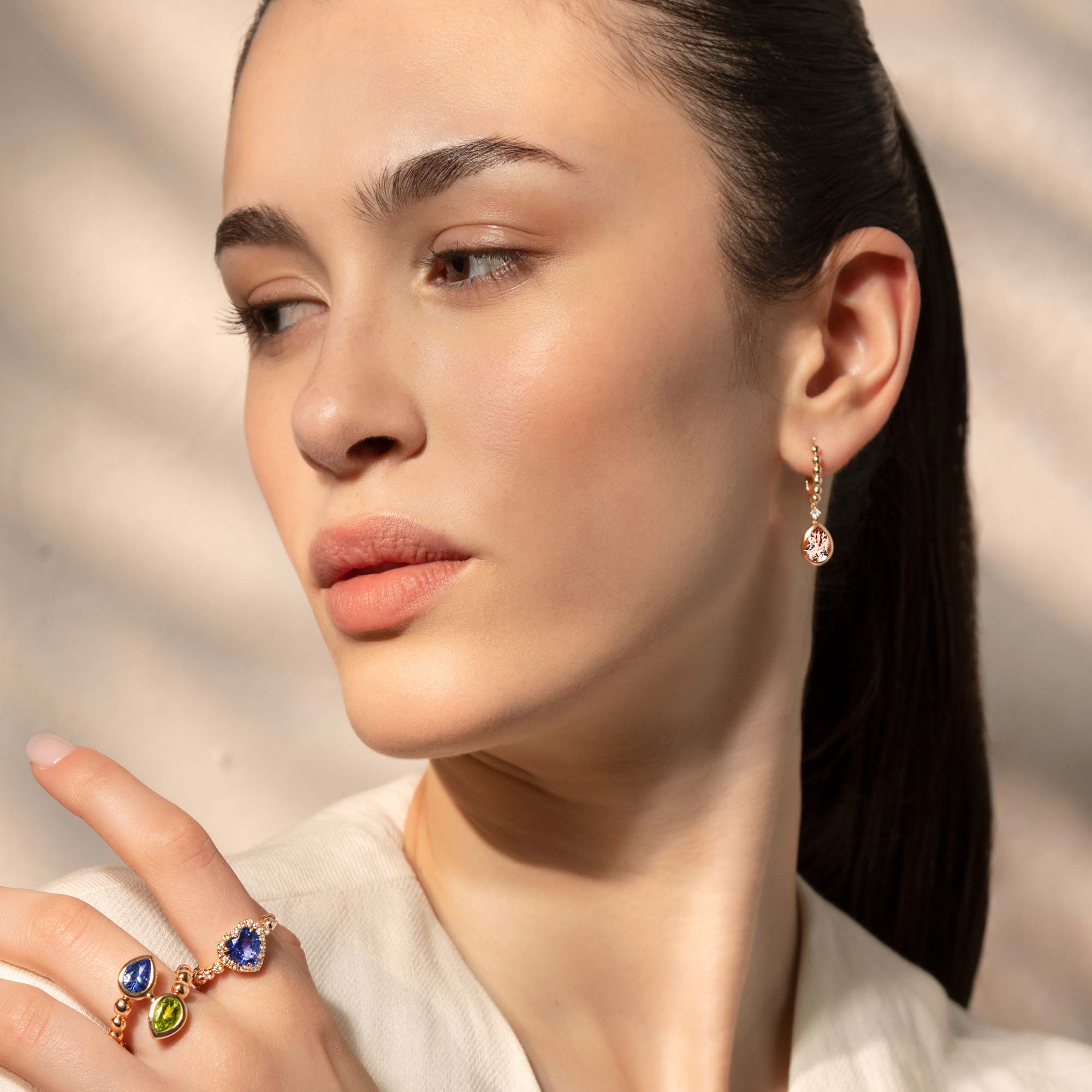 Pink gold 18k earrings with brilliant diamonds and pear shape morganites by Casato