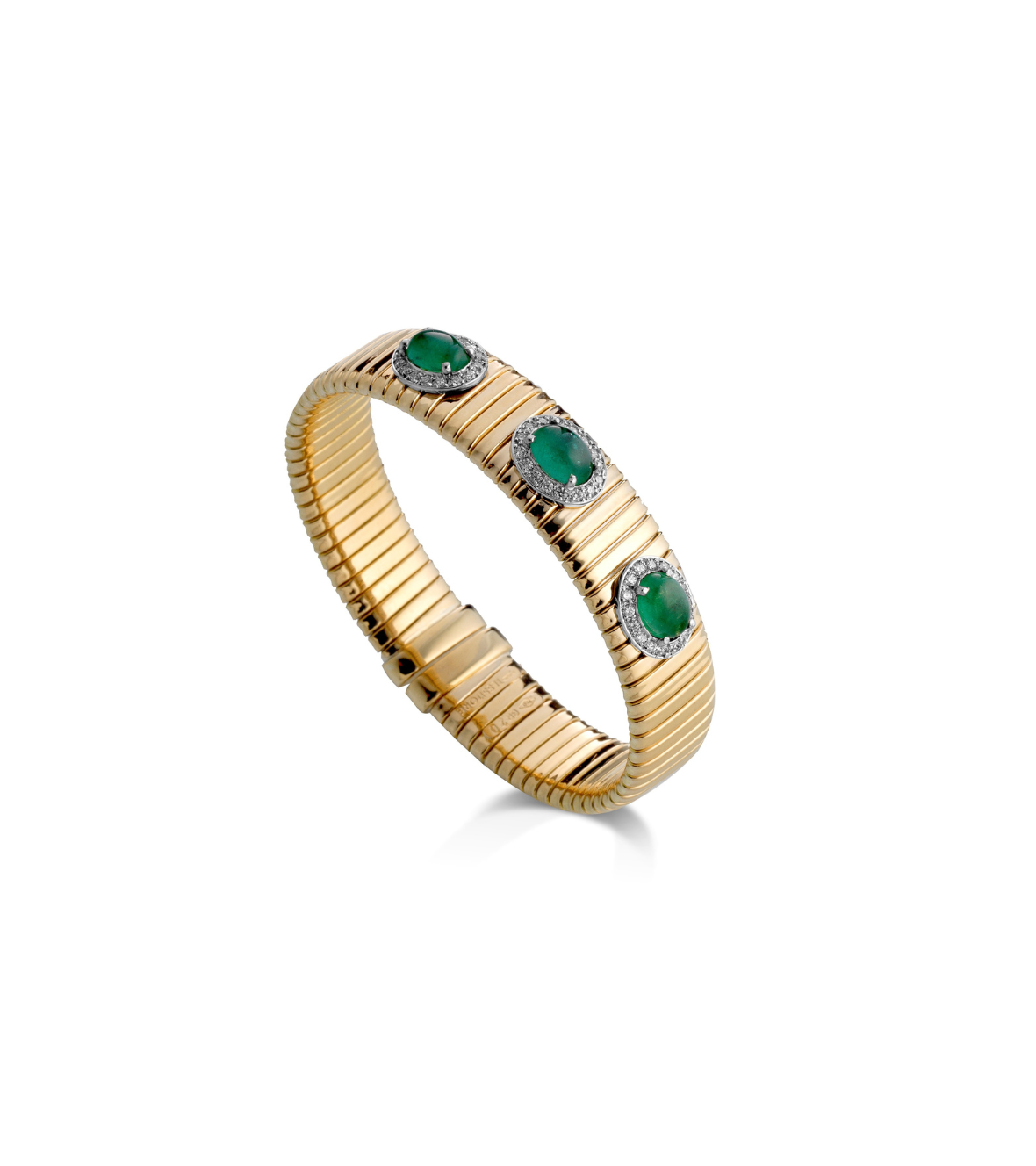 Yellow Gold 18K Tubogas Bracelet with Cabochon Emeralds & Brilliant-Cut Diamonds