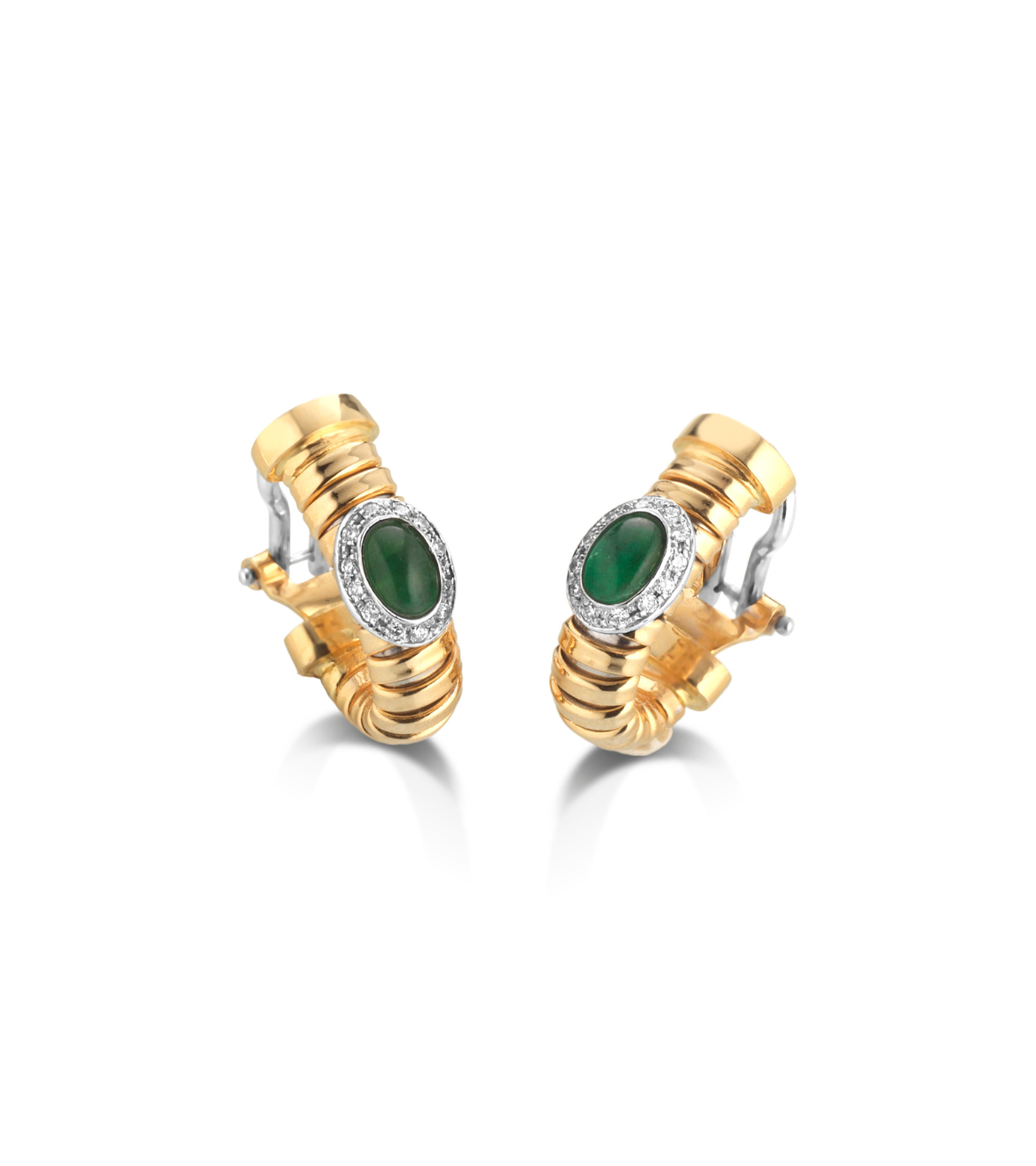 Yellow gold Tubogas earrings 18K with Cabochon Emeralds & Brilliant-Cut Diamonds