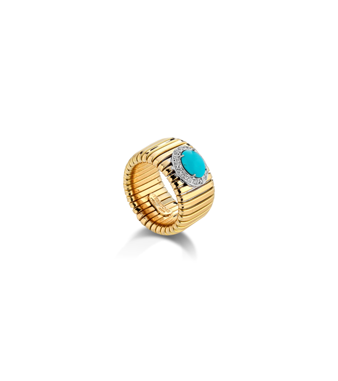 Yellow Gold Tubogas Ring 18K with Turquoise  & Brilliant-Cut Diamonds
