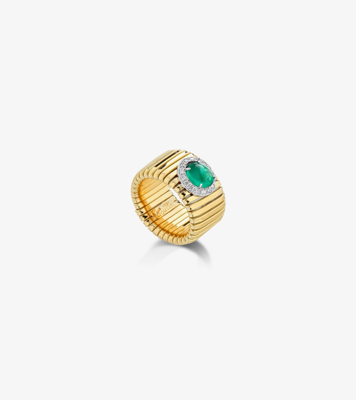Yellow gold Tubogas Ring 18K with Cabochon Emerald & Brilliant-Cut Diamonds