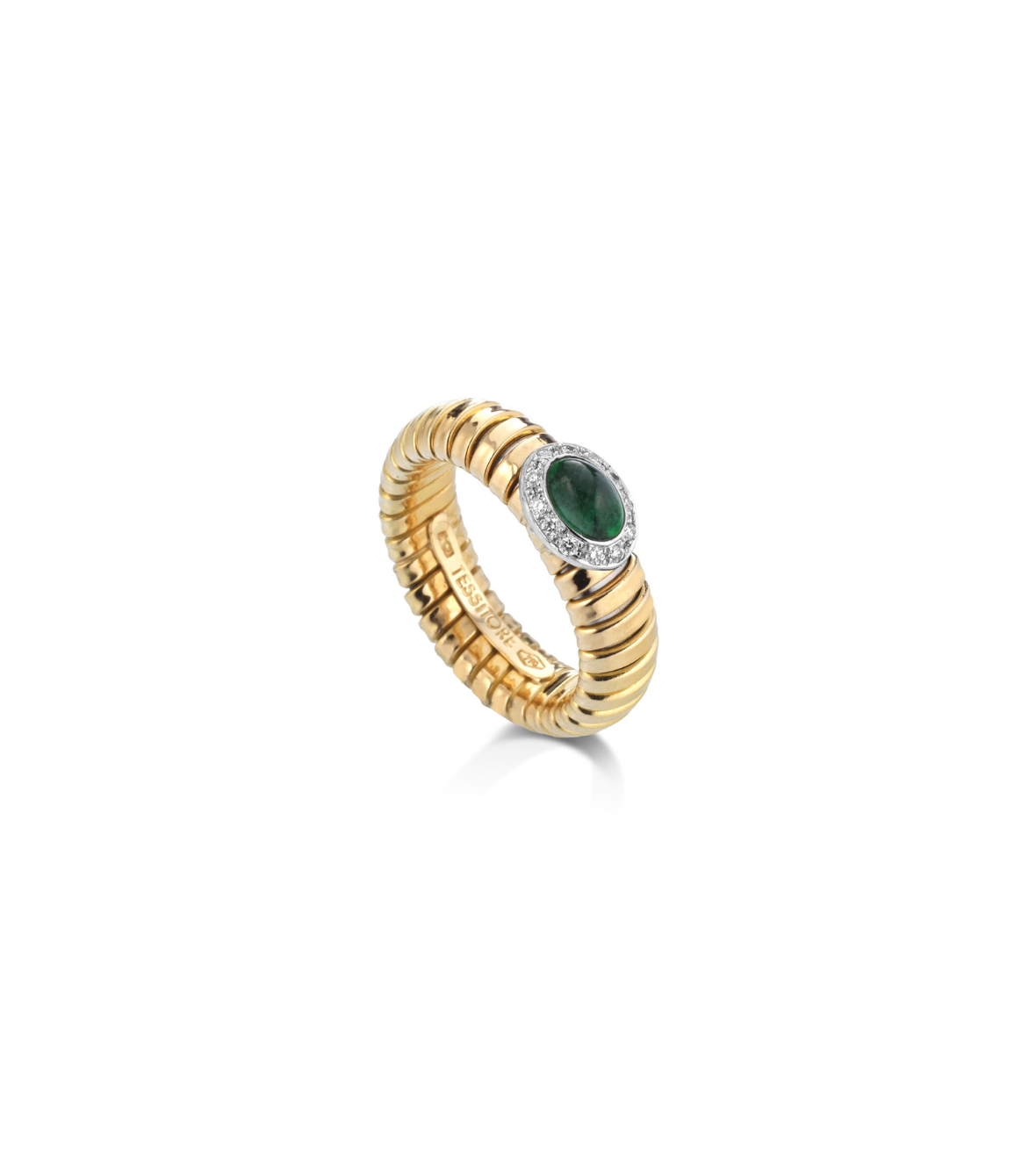 Yellow Gold Tubogas Ring 18K with Cabochon Emeralds & Brilliant-Cut Diamonds